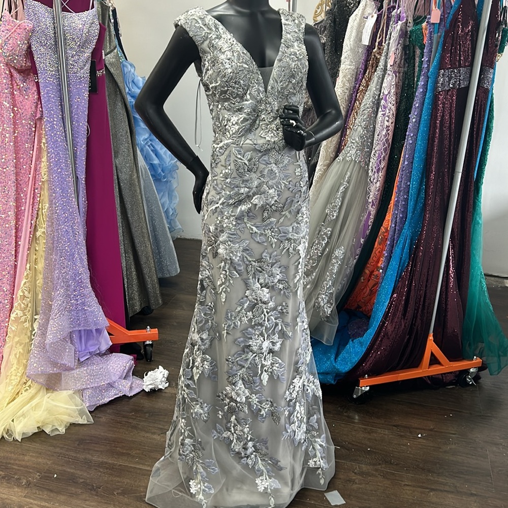 Jovani Silver Floral Embroidered V-Neck Evening Gown